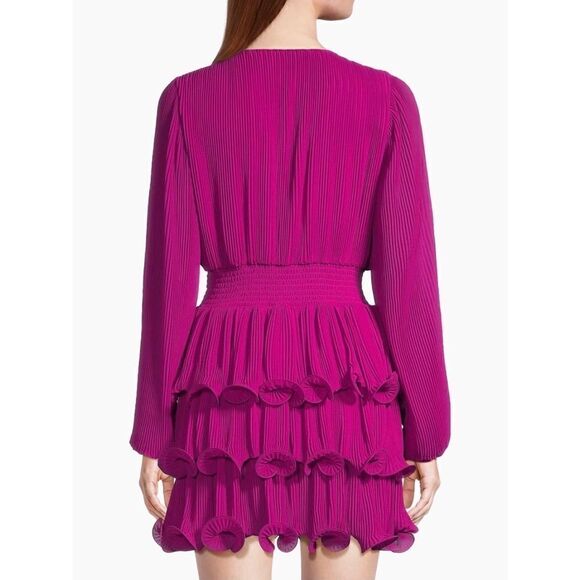 NWT Milly Ryan Pleated Chiffon Long Sleeve Mini Dress in Fuchsia, Size 6 - Picture 10 of 16